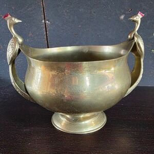 Vintage Solid Brass Peacock Bird‎ Decor Double Handle Bowl